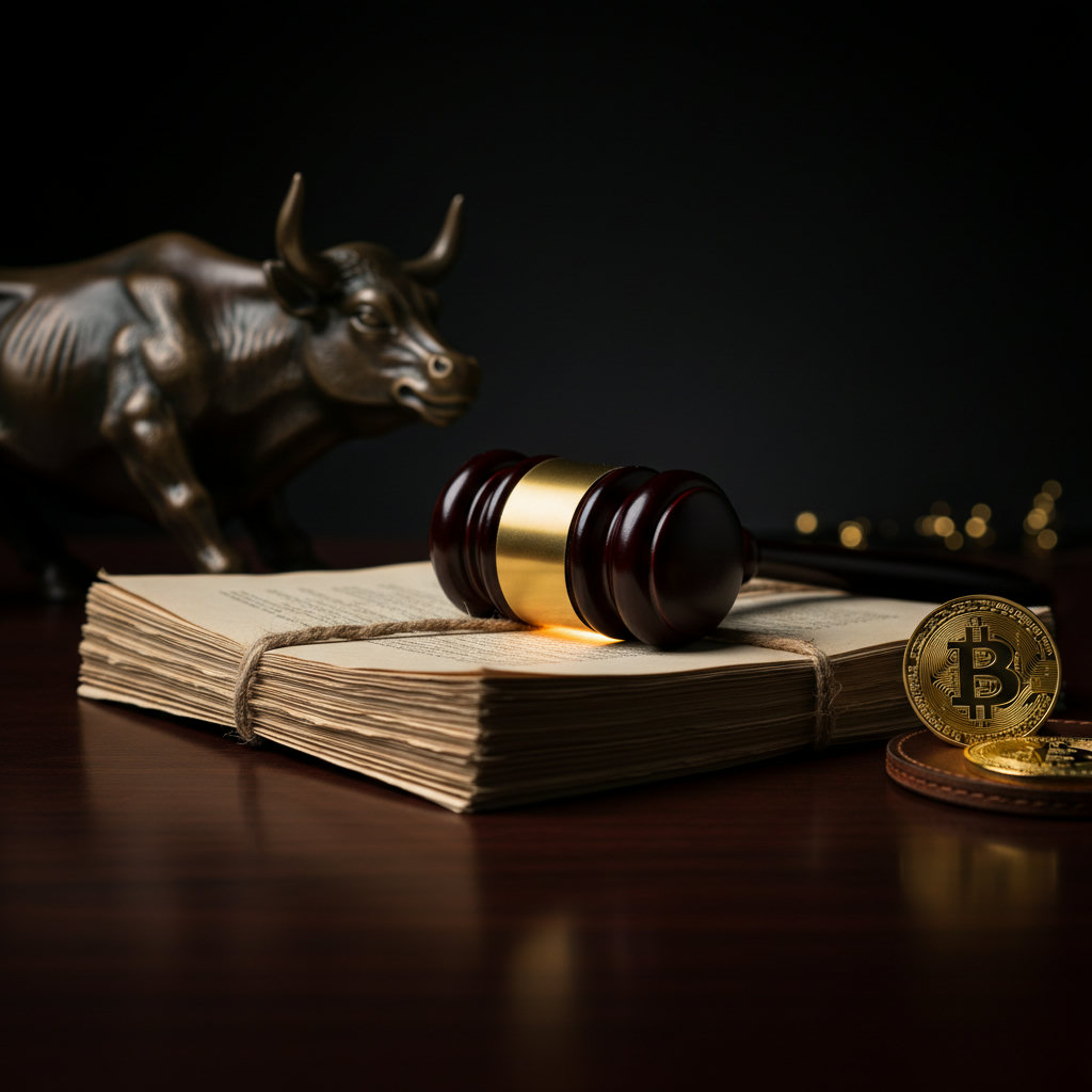 Richterhammer auf dunklem Holz mit einem Aktenstapel, der Lichtreflexe einer Bitcoin-Münze widerspiegelt, symbolisiert die neue Krypto-Regulierung.