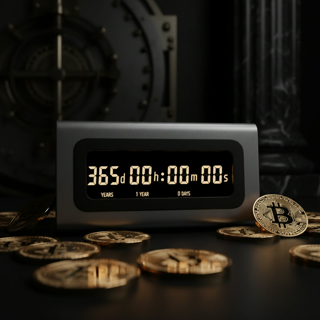 Makroaufnahme einer digitalen Analoguhr, die exakt 1 Jahr und 0 Tage anzeigt, umgeben von verschwommenen Bitcoin-Münzen, die im Hintergrund glänzen. Dramatisches Seitenlicht.