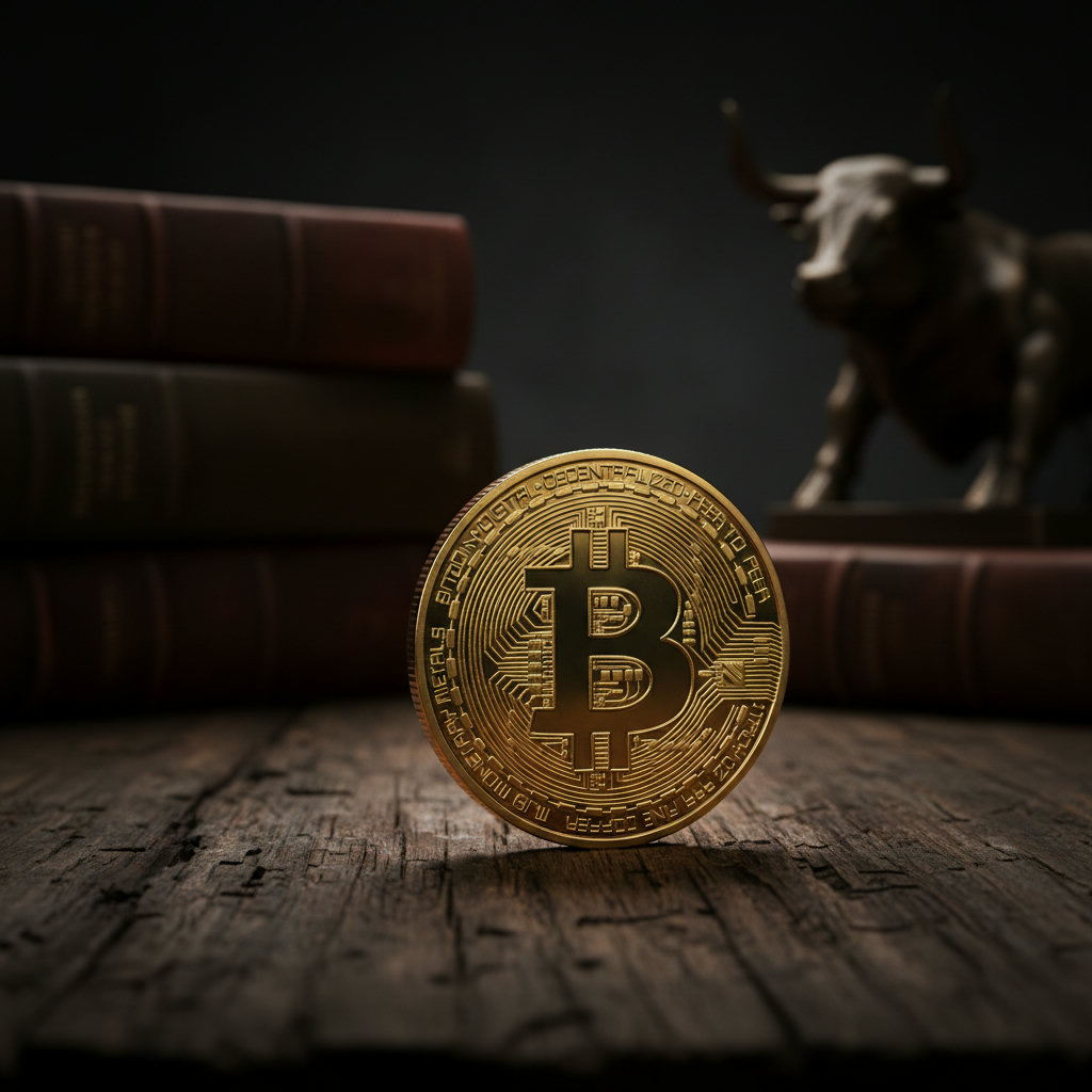 Eine goldene Bitcoin-Münze liegt auf einem alten, dunklen Holztisch mit dem Fokus auf die Münze. Im Hintergrund sind unscharf historische Gesetzbücher zu erkennen, dramatisch beleuchtet.