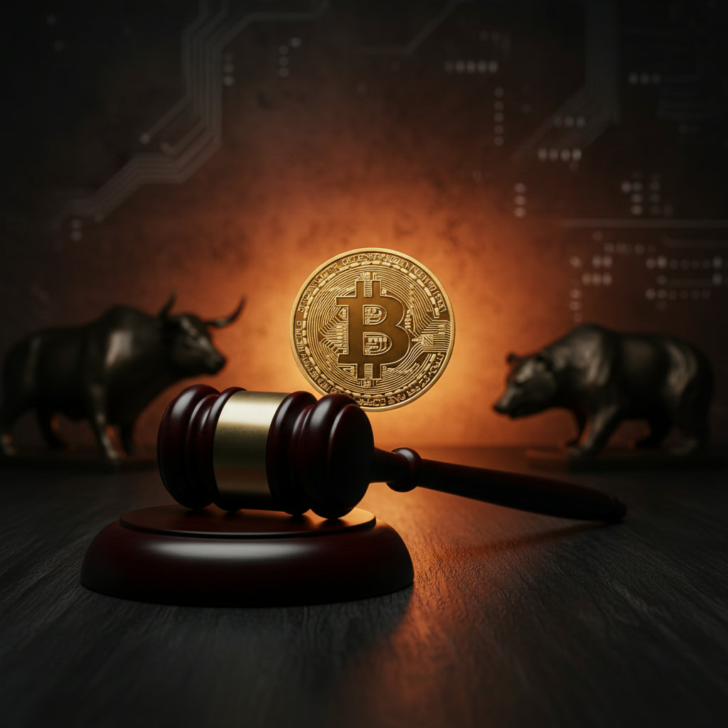 Richterhammer auf dunklem Holztisch mit diffus silbrigem Licht, im Kontrast dazu ein schwach beleuchteter goldener Bitcoin.