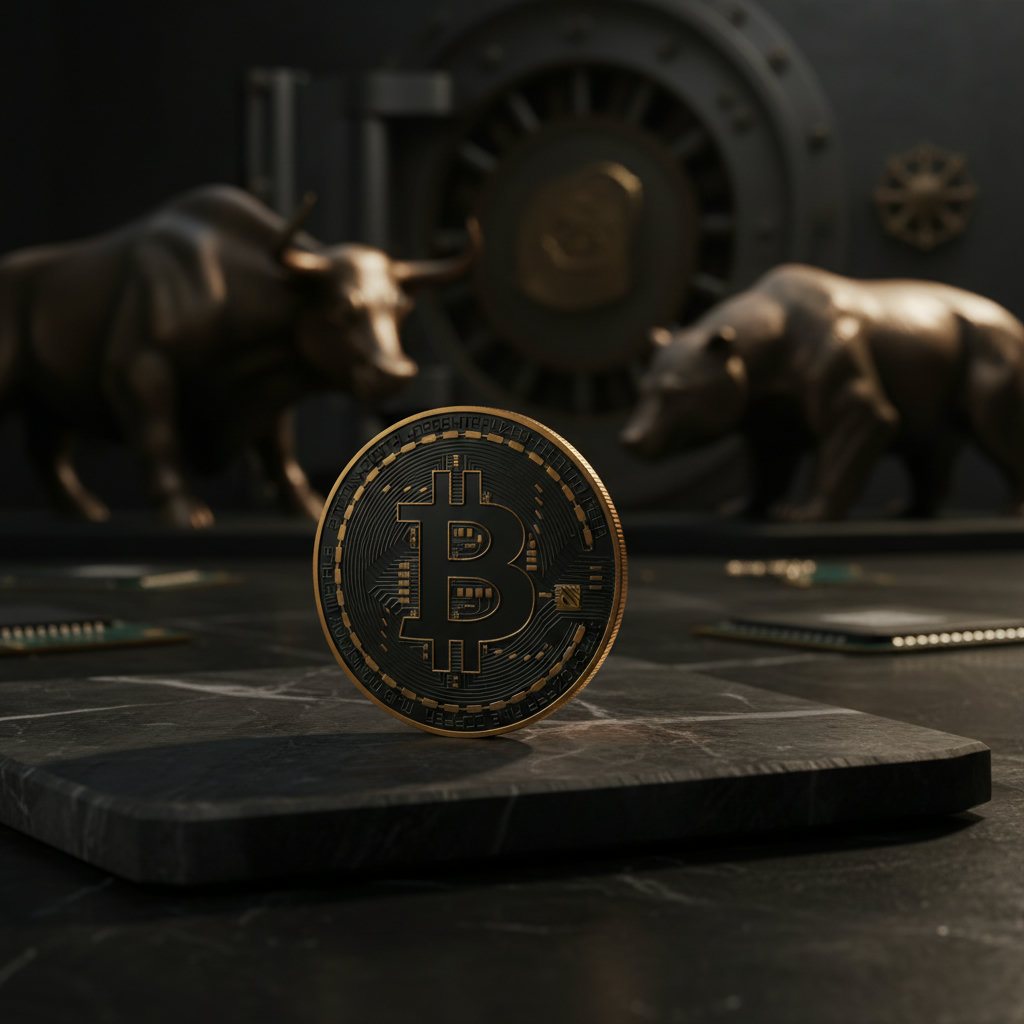 Nahaufnahme einer goldenen Bitcoin-Münze auf einem dunklen Hintergrund, mit sanftem, goldenem Licht, das ihre Oberfläche beleuchtet, während ein Teil schattig bleibt.