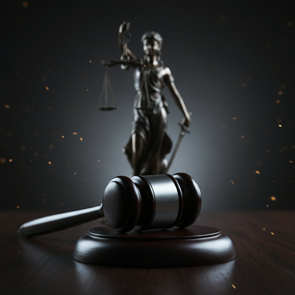 Detailaufnahme eines Richterhammers auf einem dunklen Holztisch, im Hintergrund unscharf die Silhouette einer Justitia-Statue, dramatisch beleuchtet mit Chiaroscuro-Effekt.