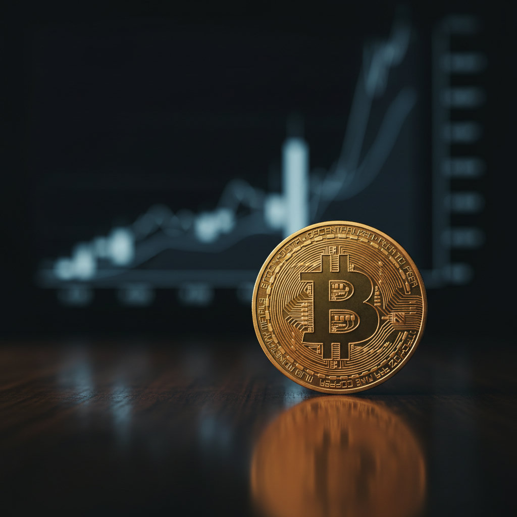Makroaufnahme einer goldglänzenden Bitcoin-Münze auf einem dunklen, polierten Holztisch, im Hintergrund unscharfe Umrisse von Aktiendiagrammen auf einem Bildschirm, dramatisches Chiaroscuro Licht.