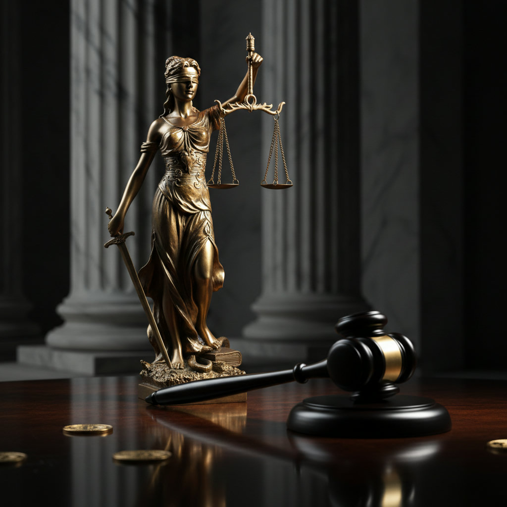 Eine goldene Justitia-Statue, die mit verbundenen Augen eine Waage hält, im Vordergrund ein dunkler Richterhammer auf einem polierten Holztisch, im Hintergrund unscharfe Marmorsäulen und tiefe Schatten. Akzentfarben: Gold und Anthrazit.