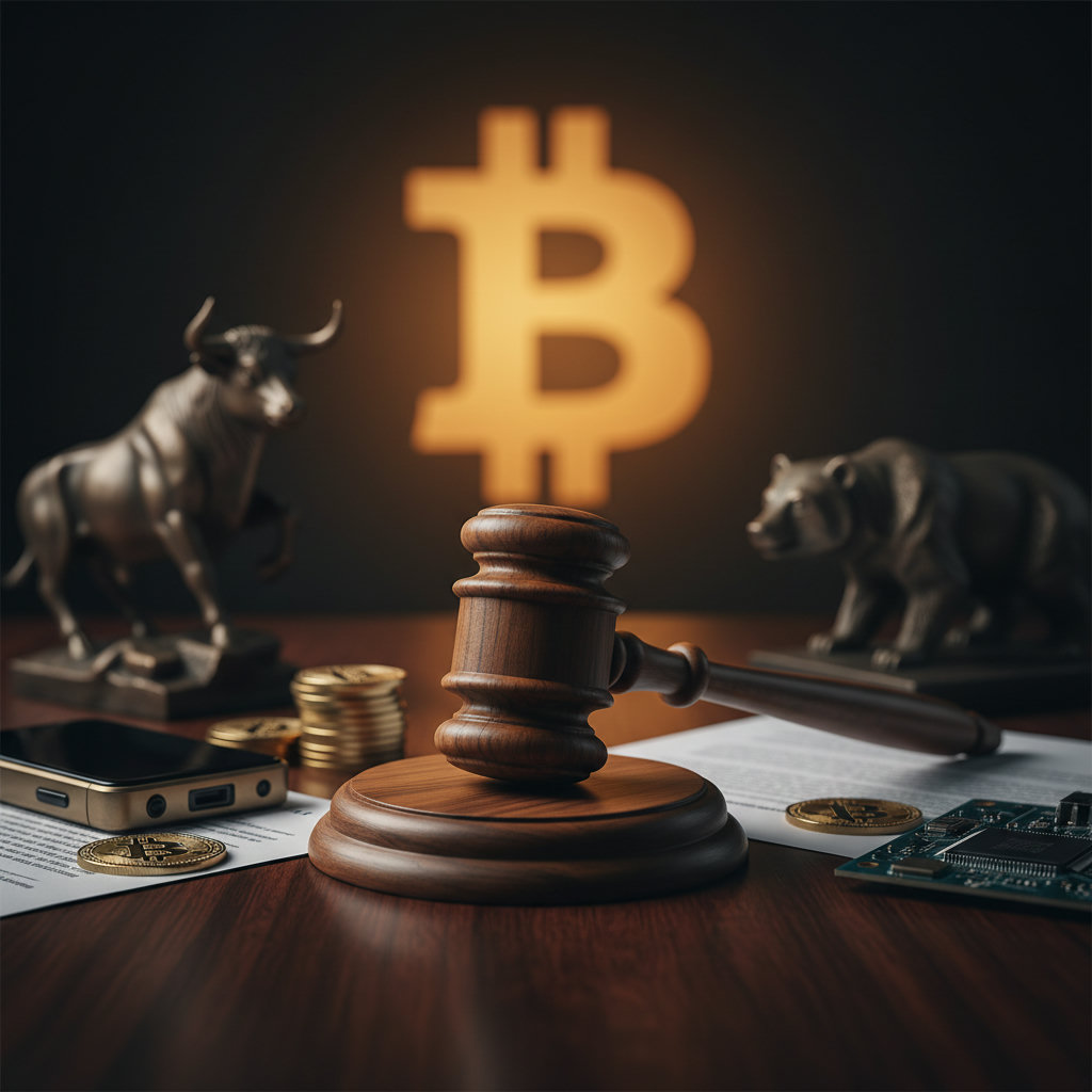 Richterhammer auf dunklem Holztisch mit Gesetzestexten und einem schwach leuchtenden Bitcoin-Symbol im Hintergrund, dramatisch beleuchtet.