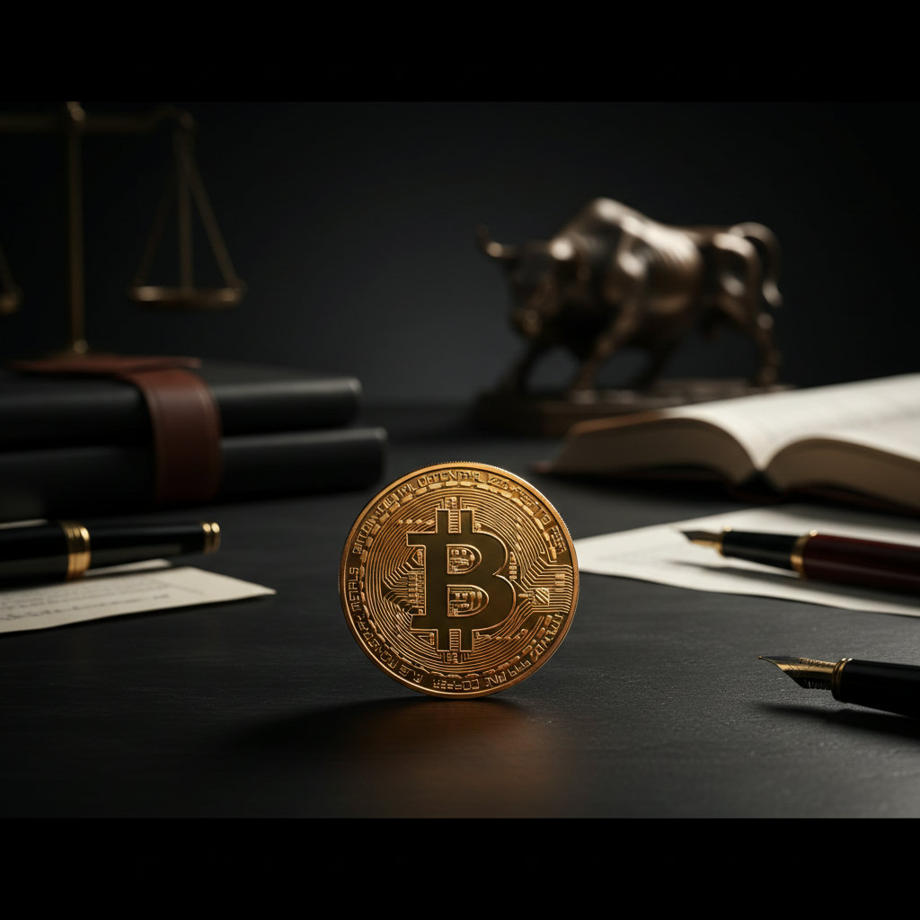 Eine goldfarbene Bitcoin-Münze liegt auf einem dunklen, polierten Holztisch, im Hintergrund verschwimmen Dokumente und Stifte, beleuchtet von warmem Seitenlicht.