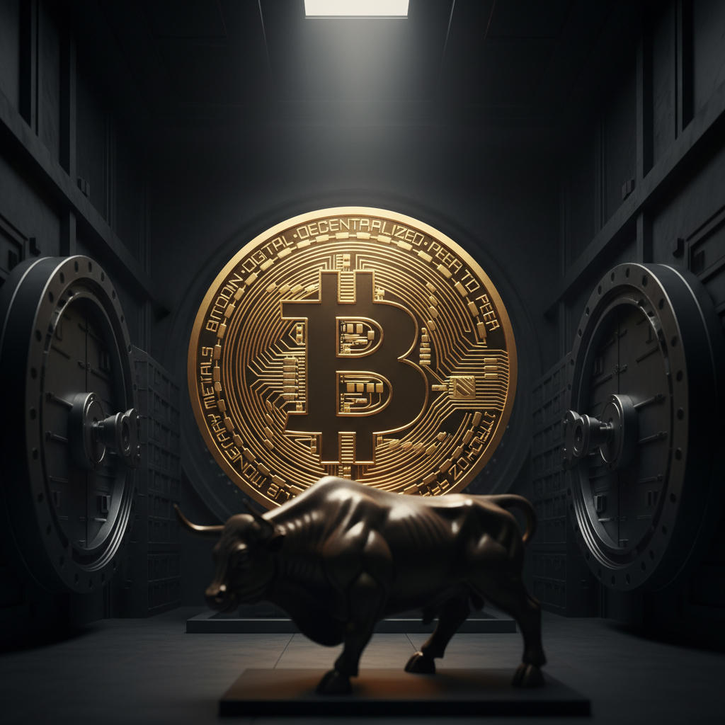 Riesige, hellgoldene Bitcoin-Münze mit dem BTC-Symbol im dramatischen, düsteren Licht eines Bankgewölbes, Reflektionen auf poliertem Metall.