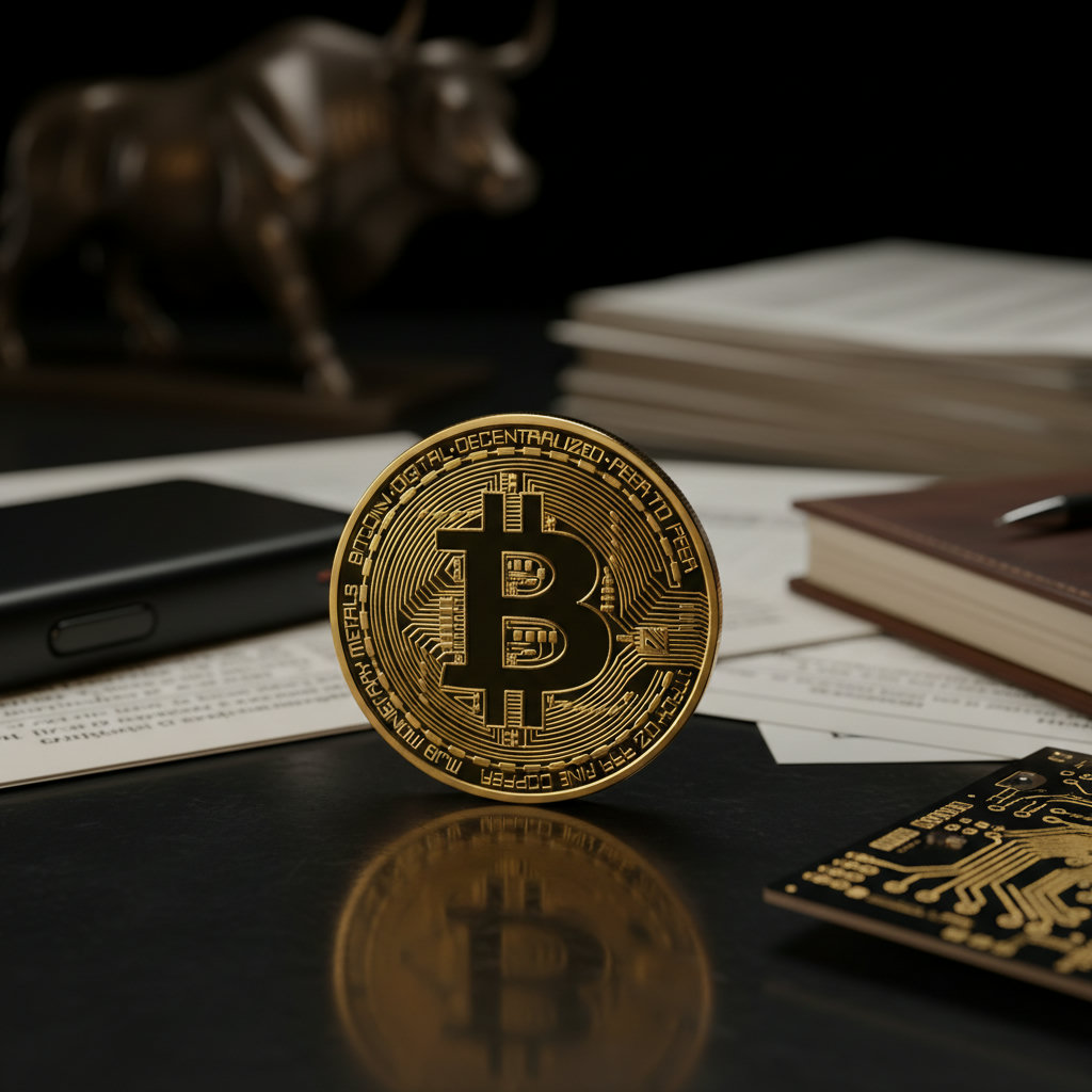 Makroaufnahme einer goldenen Bitcoin-Münze, die auf einem dunklen, polierten Holztisch liegt, umgeben von verschwommenen Finanzdokumenten und einem Notizblock.