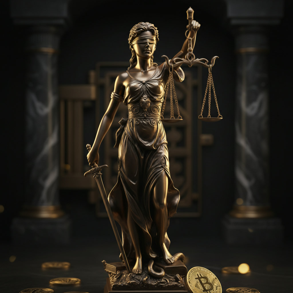 Imposante Justitia-Statue bei Sonnenuntergang, symbolisiert Gerechtigkeit und Gesetzgebung im Kontext der Krypto-Regulierung.