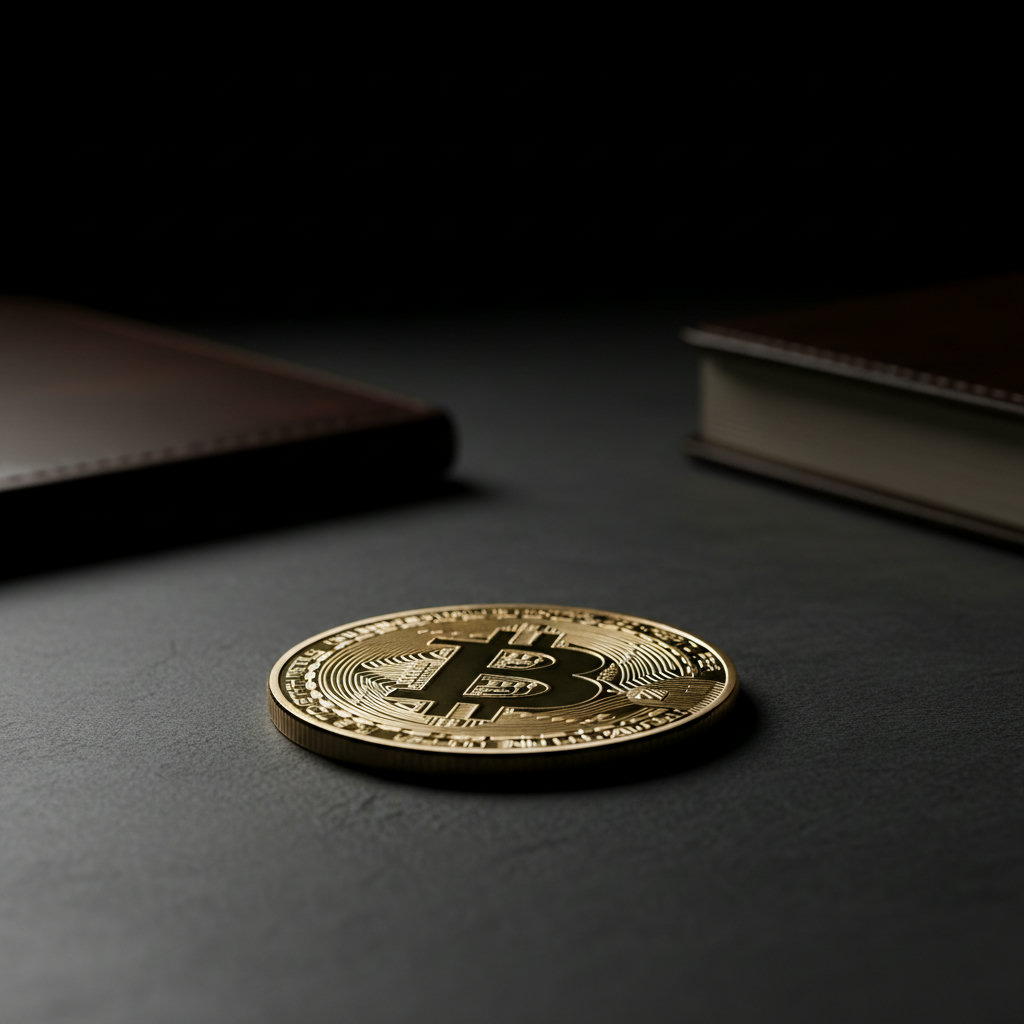 Nahaufnahme einer goldenen Bitcoin-Münze, umgeben von einem subtilen, warmen Leuchten, auf einem tiefschwarzen, leicht gesprenkelten Hintergrund. Der Fokus liegt scharf auf den Details der Münze, während der Hintergrund unscharf bleibt. Licht und Schatten erzeugen eine dramatische, edle Atmosphäre.