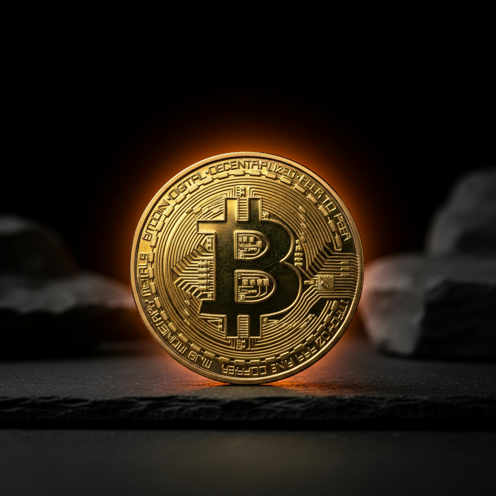 Nahaufnahme einer goldenen Bitcoin-Münze auf einem dunklen Hintergrund, dramatisch beleuchtet von warmem Licht.