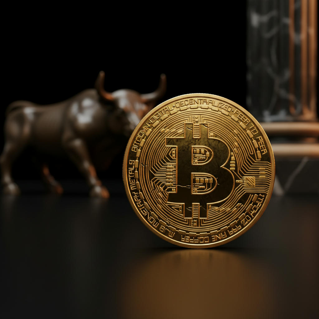 Eine goldglänzende Bitcoin-Münze auf einer tiefschwarzen, polierten Oberfläche, schwach beleuchtet von warmem, goldenem Licht, das die Konturen hervorhebt. Hintergrund ist dunkel und unscharf.