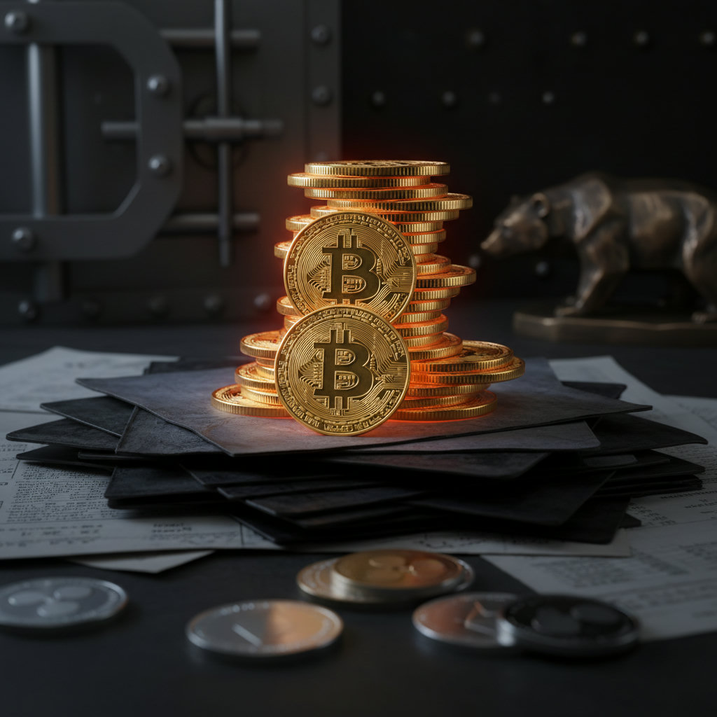 Makroaufnahme einer golden glänzenden Bitcoin-Münze auf einem Haufen anderer, leicht unscharfer Kryptomünzen, welche auf einem dunklen Finanzdokument mit bläulichem Schimmer liegen. Dramatisches Chiaroscuro-Licht.