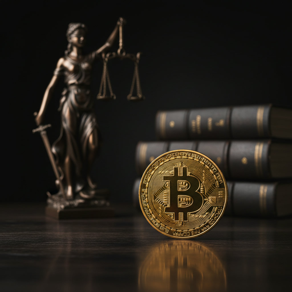 Eine goldene Bitcoin-Münze, inszeniert auf einem dunklen, polierten Holztisch, im Hintergrund unscharf erkennbare Justitia-Statue und Gesetzbücher, dramatisches Chiaroscuro Licht.
