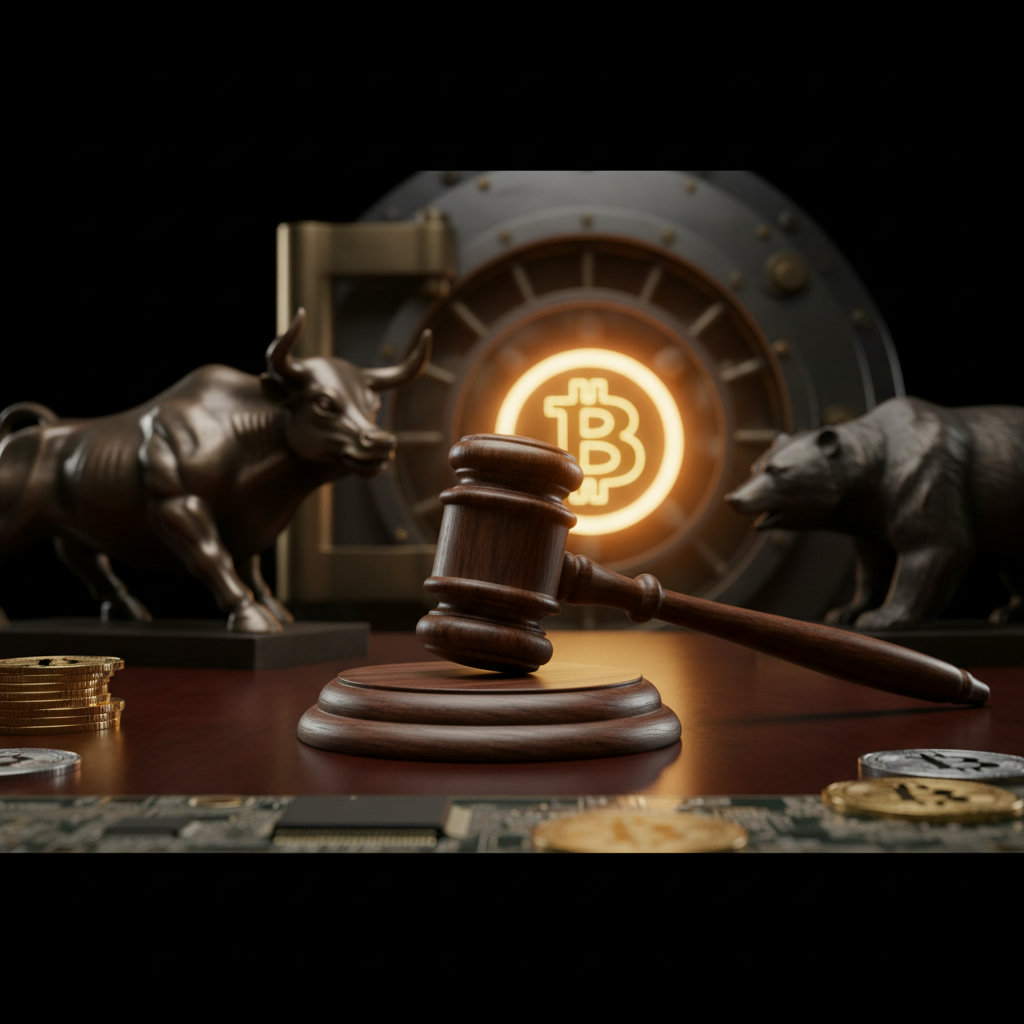 Richterhammer auf dunklem Holz mit goldenem Bitcoin-Symbol im Hintergrund, symbolisiert Gesetzesgebung für Kryptowährungen.