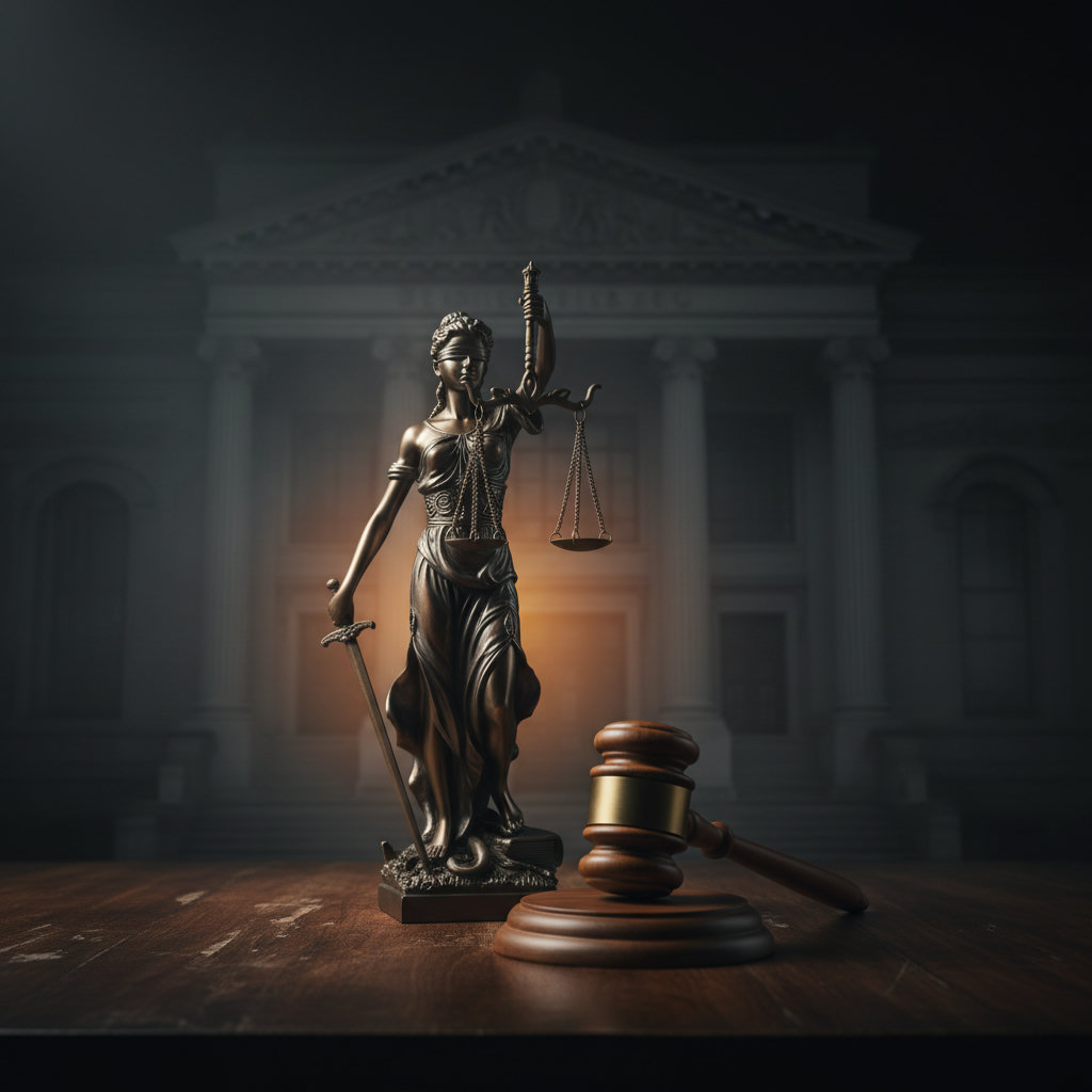 Justitia-Statue mit Richterhammer auf dunklem Holztisch, im Hintergrund nebelhafte Bankfassade bei Nacht, dramatisches gold-oranges Lichtakzent.