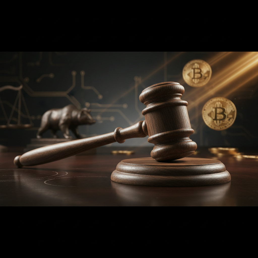 Richterhammer auf dunklem Holz mit abstrakten goldenen Lichtakzenten vor einem unscharfen Hintergrund, der modernste Finanztechnologie andeutet. Fokus auf die Waage der Gerechtigkeit.