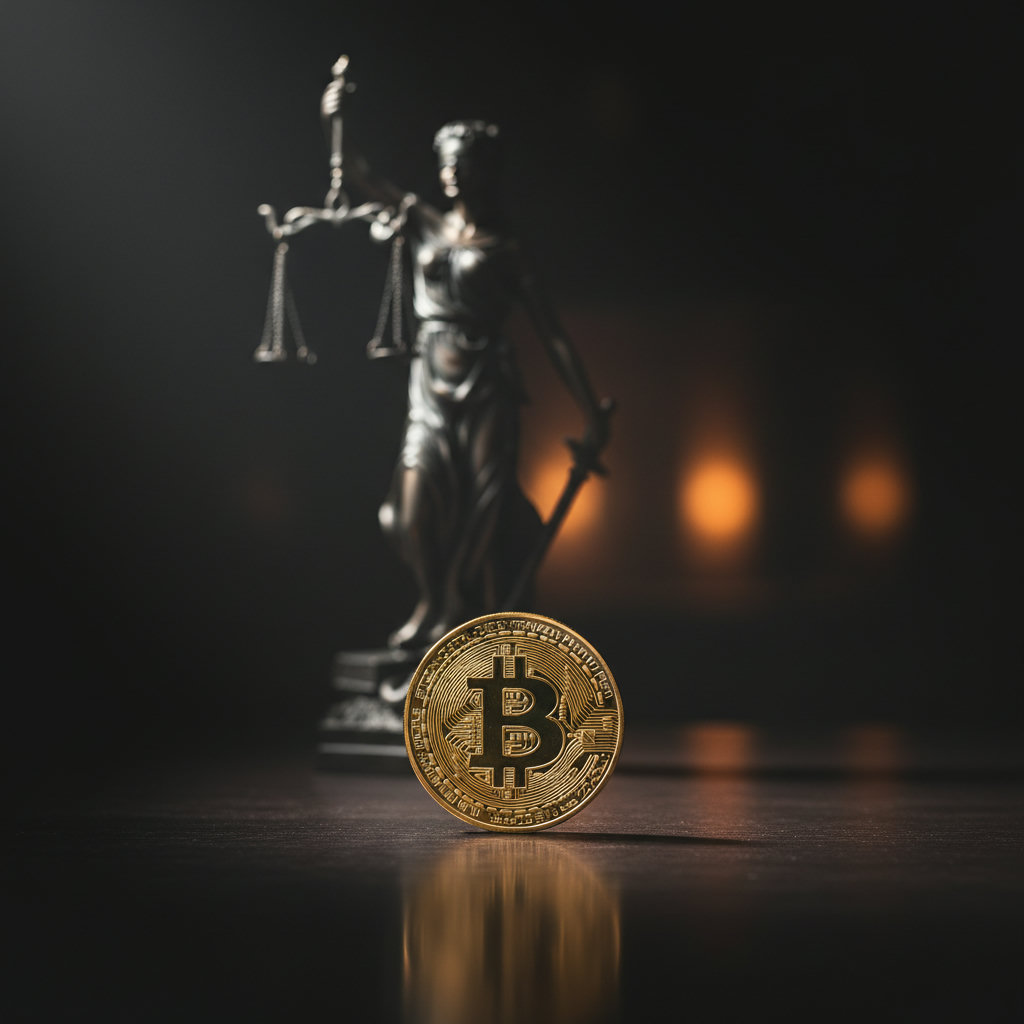 Eine goldene Bitcoin-Münze liegt auf einem dunklen, polierten Holztisch, im Hintergrund unscharf die Silhouette einer Justitia-Statue, dramatisch beleuchtet.