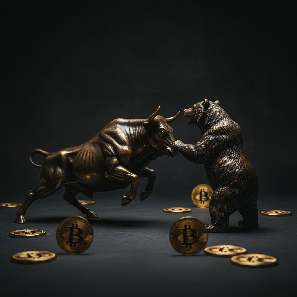 Dramatische Aufnahme einer modernen, polierten Bronzestatue eines Bullen und Bären vor dunklem Hintergrund, starkes Chiaroscuro-Licht mit Akzenten in Gold und Anthrazit, Shallow Depth of Field.