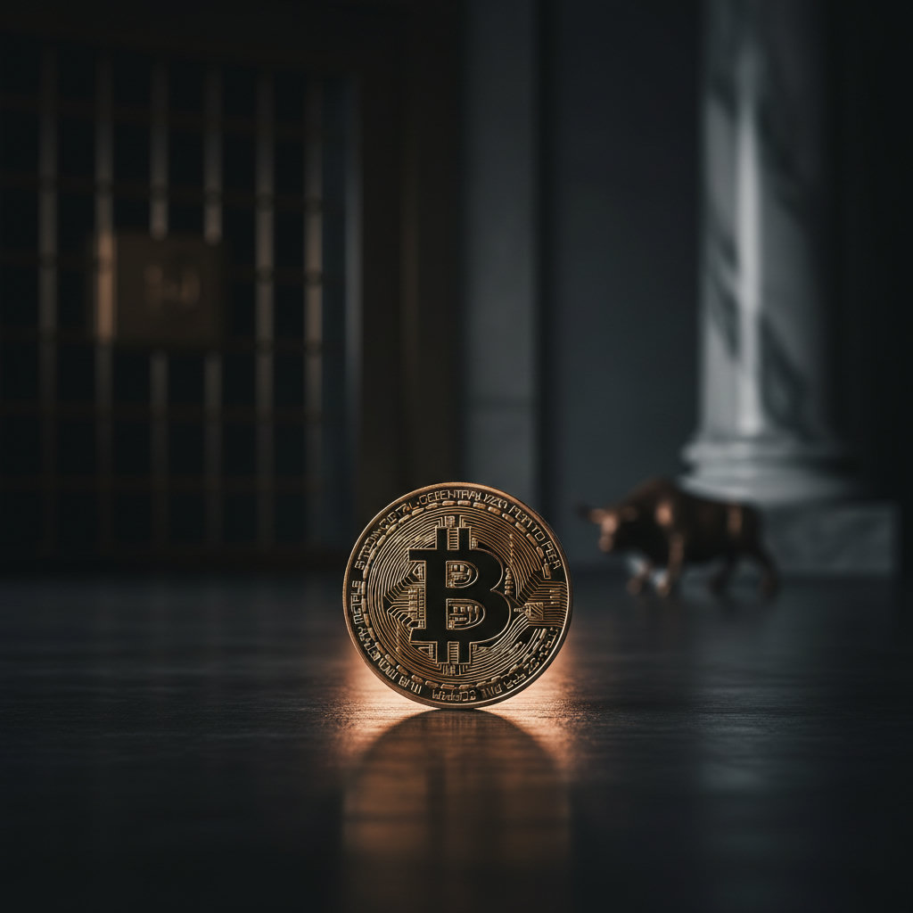 Detailaufnahme einer goldenen Bitcoin-Münze, die auf einem dunklen, polierten Holztisch liegt, umrahmt von einem schwachen, warmen Lichtschein, der die Details der Oberfläche hervorhebt.