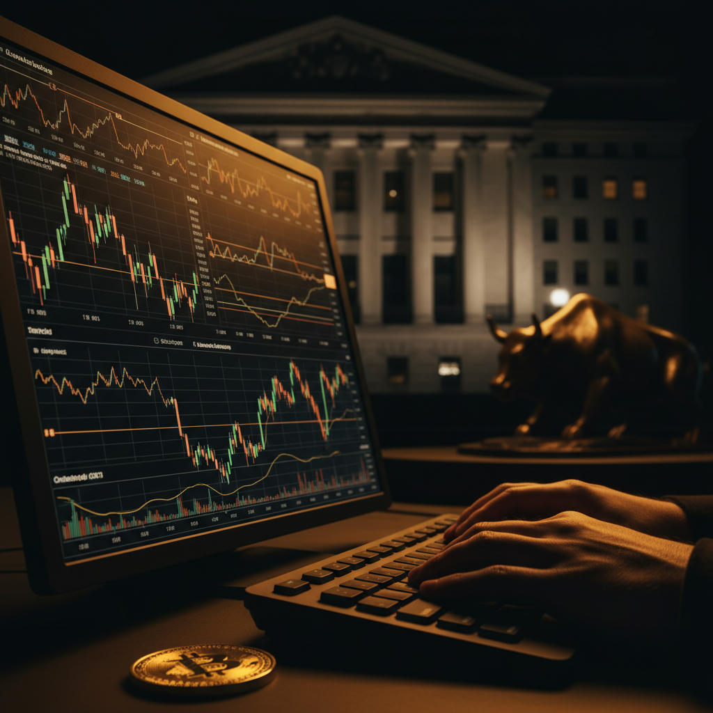 Dunkle Detailaufnahme eines Bloomberg-Terminals mit orangefarbenem Leuchten, das Finanzdaten und Grafiken anzeigt, im Hintergrund leicht unscharfe Wall Street Gebäude bei Nacht.