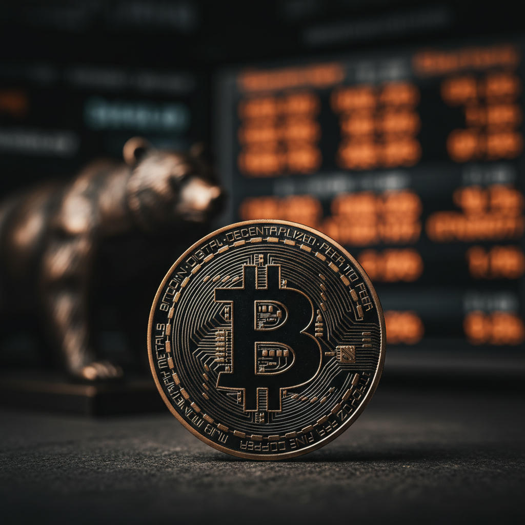 Eine dramatisch beleuchtete physische Bitcoin-Münze liegt auf einem dunklen Holztisch, im Hintergrund verschwommen ein Bloomberg-Terminal mit warmem Glow.