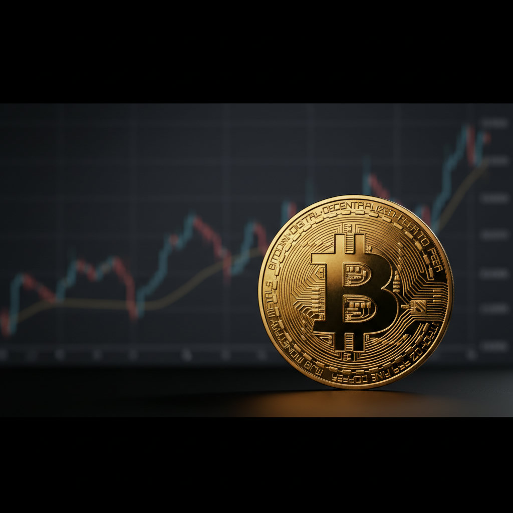 Eine goldene Bitcoin-Münze liegt auf einem polierten schwarzen Tisch, im Hintergrund verschwommen ein abstraktes Diagramm, dramatisch beleuchtet.