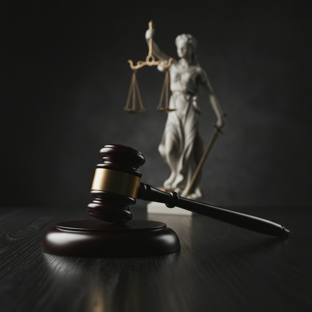 Richterhammer auf dunklem Holztisch vor dem Hintergrund einer unscharfen Justitia-Statue, symbolisiert die Gesetzgebung und Regulierung im Krypto-Markt.