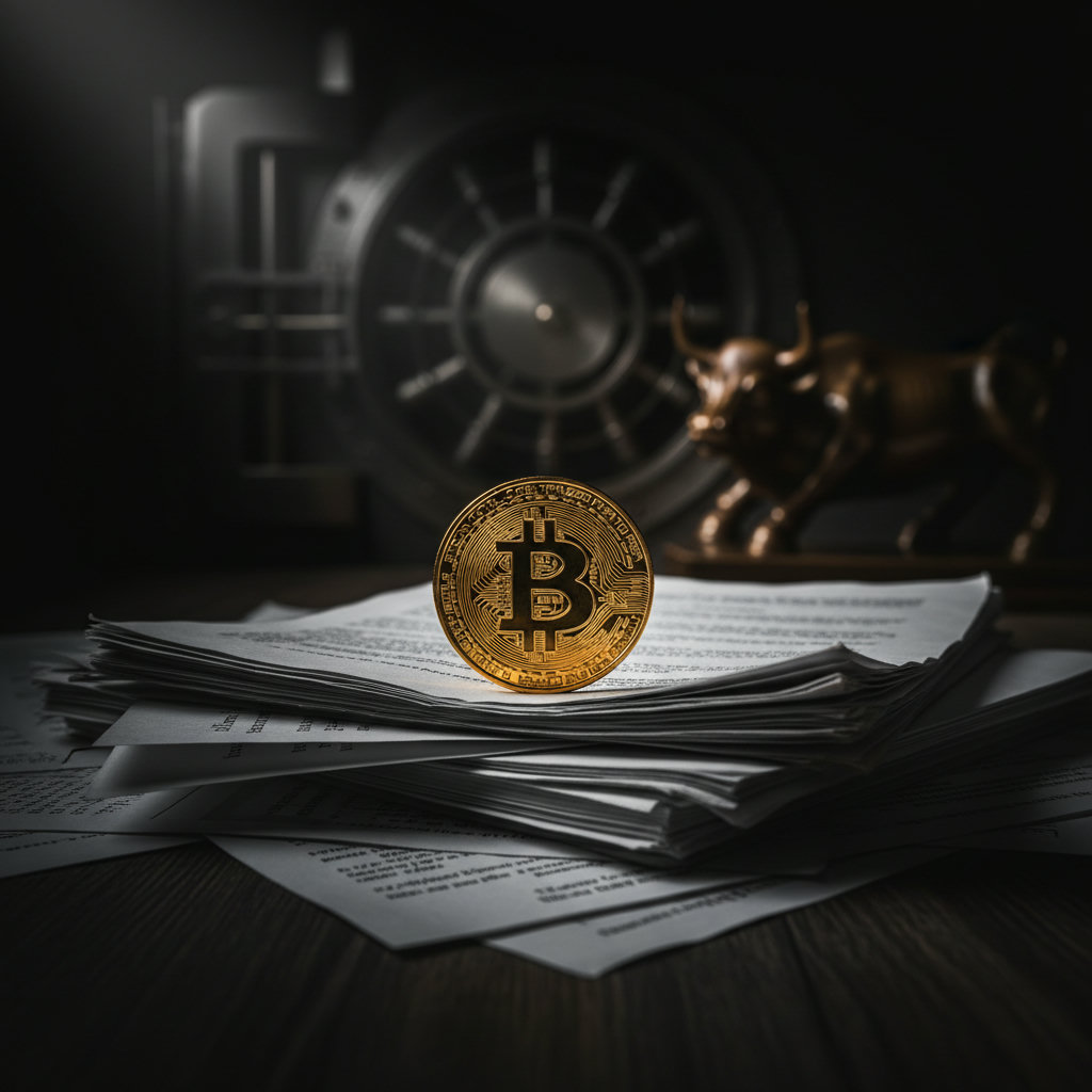 Eine goldene Bitcoin-Münze liegt auf einem Stapel rechtlicher Dokumente, beleuchtet von dramatischer Tiefenschärfe in dunklem Ambiente.