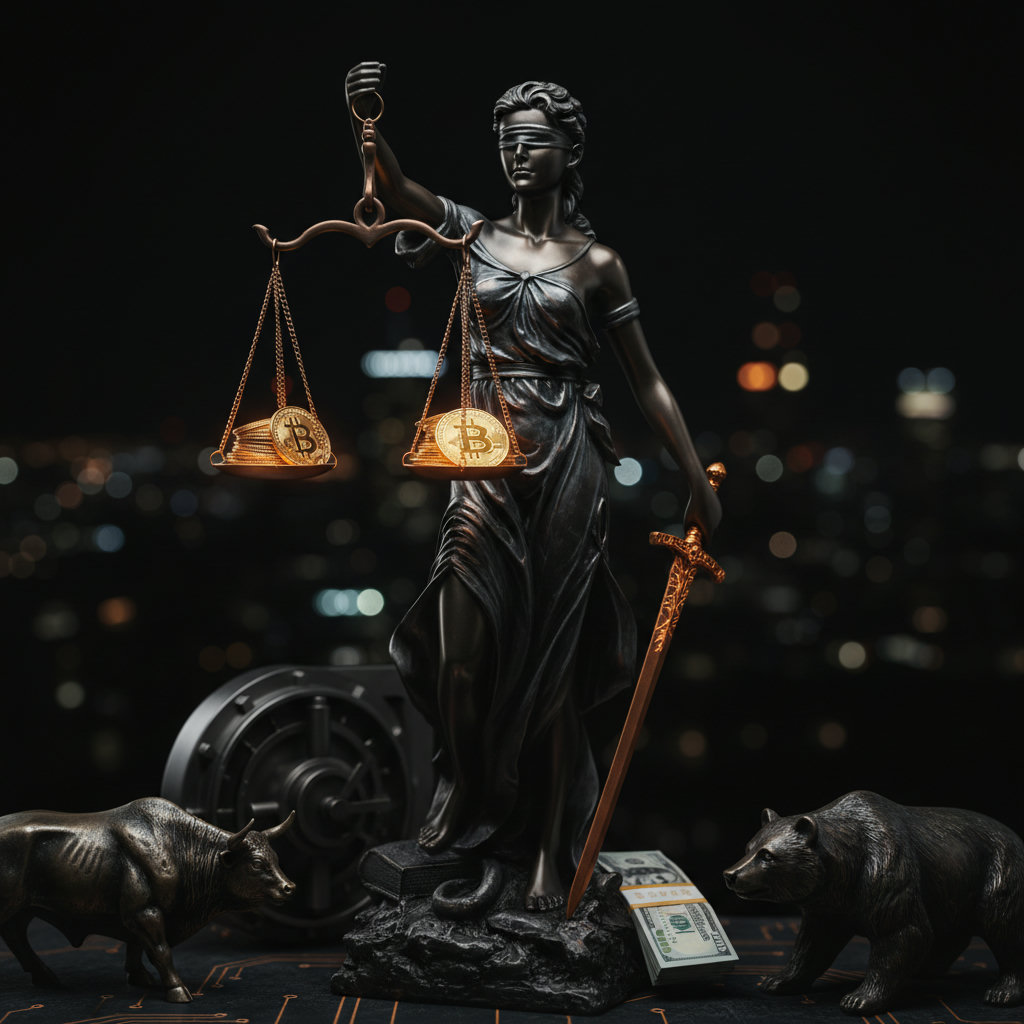 Dunkle Marmorstatue der Justitia mit Waage und Schwert, im Hintergrund diffuse Lichter einer Großstadt bei Nacht, symbolisiert globale Krypto-Regulierung.