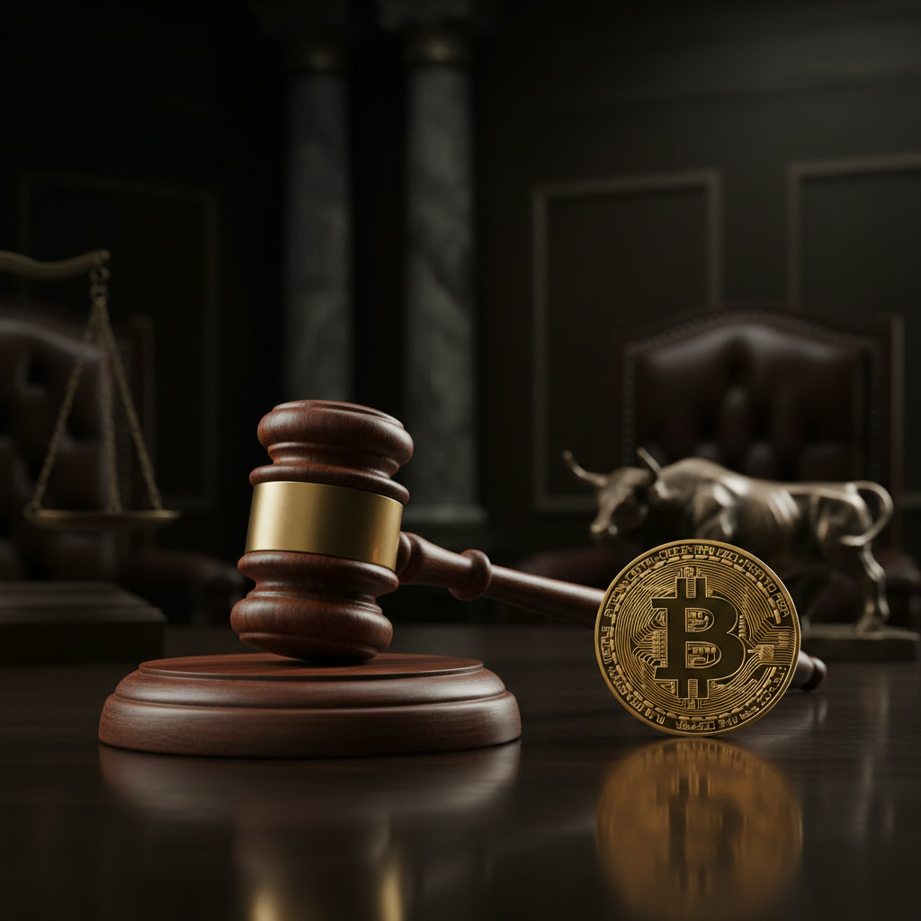 Gerichtssaal in dunklen Farbtönen, Richterhammer auf einem dunklen Holztisch mit goldener Bitcoin-Münze daneben, dramatisches Chiaroscuro-Licht, Tiefenschärfe.