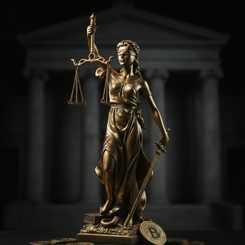 Eine goldene Justitia-Statue, die eine Waage hält, im dramatisches Chiaroscuro bei Nacht. Im Hintergrund sind dunkle, schattenhafte Marmorsäulen einer Bankfassade zu erkennen. Der Fokus liegt auf der filigranen Statue, die Recht und Ordnung symbolisiert.