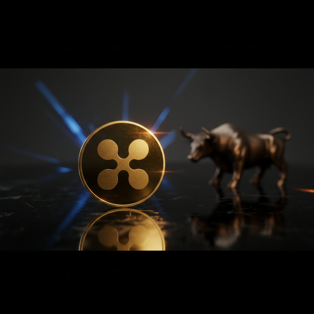 Eine goldene XRP-Münze liegt auf einem dunklen, spiegelnden Untergrund. Im Hintergrund sind unscharfe, blaue Lichter zu sehen.