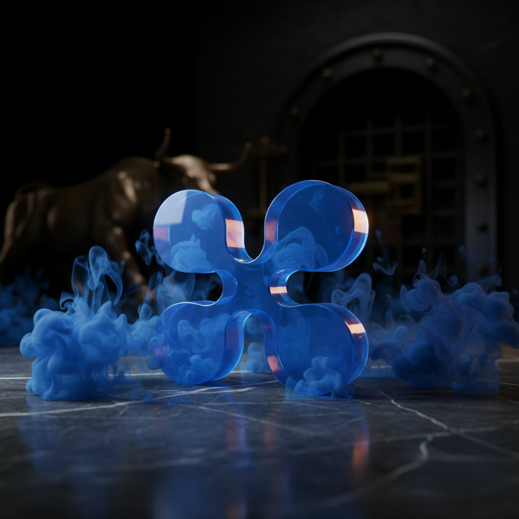 Nahaufnahme eines stilisierten, königsblauen XRP-Symbols, das auf einer dunkelgrauen, polierten Marmorfläche liegt, umspielt von fließenden, leuchtend blauen Tintenwolken. Dramatisches Chiaroscuro-Licht lässt das Symbol hervorstechen.