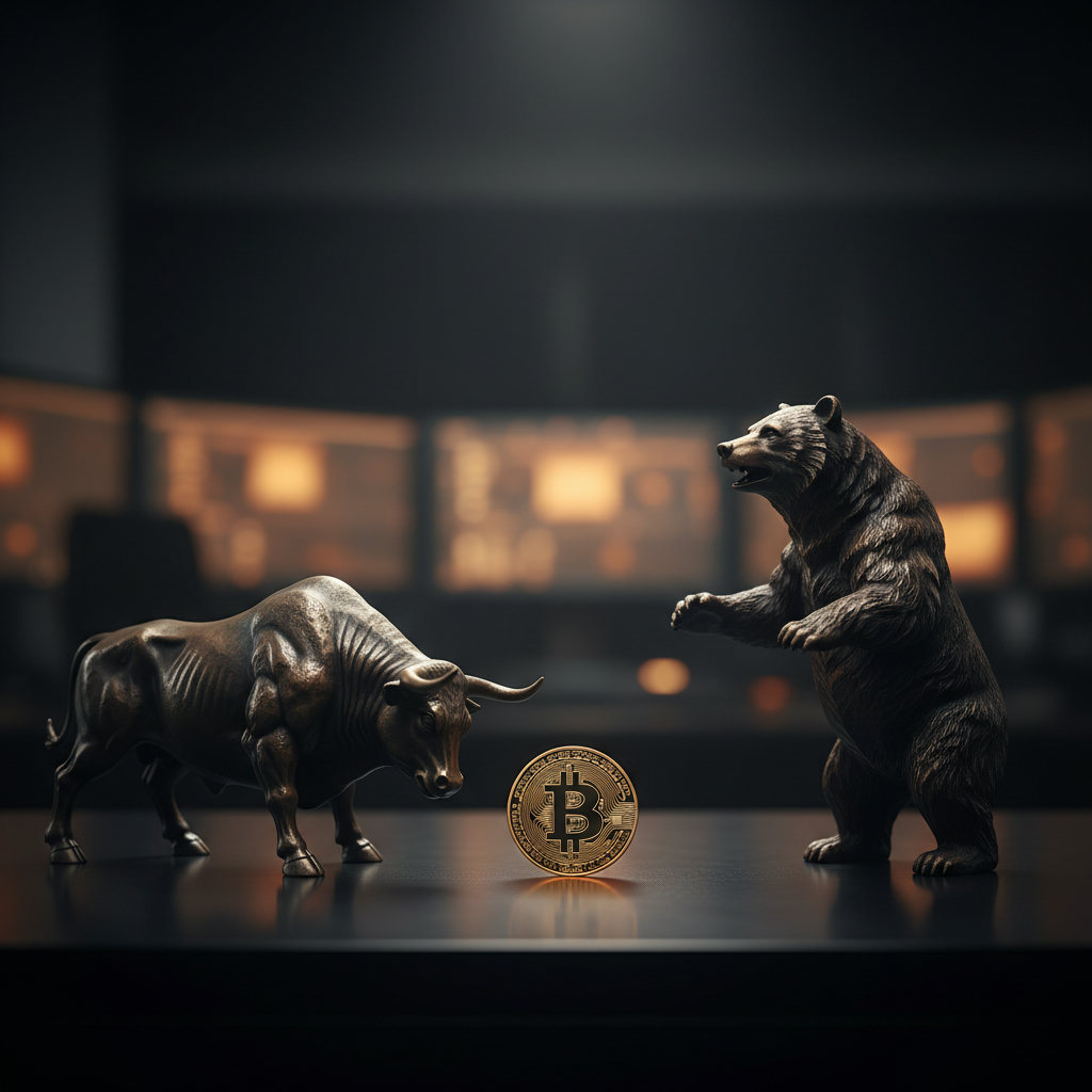 Dunkles, dramatisches Foto eines Bullen und eines Bären aus Bronze, die sich auf einem polierten Schreibtisch gegenüberstehen, mit einer subtilen, goldenen Bitcoin-Münze zwischen ihnen im Vordergrund. Der Hintergrund zeigt eine unscharfe, moderne Büroumgebung mit warmem Licht von Bildschirmen. Das Chiaroscuro-Licht betont die Formen und Texturen der Skulpturen, was dem Bild eine ernsthafte und nachdenkliche Stimmung verleiht.