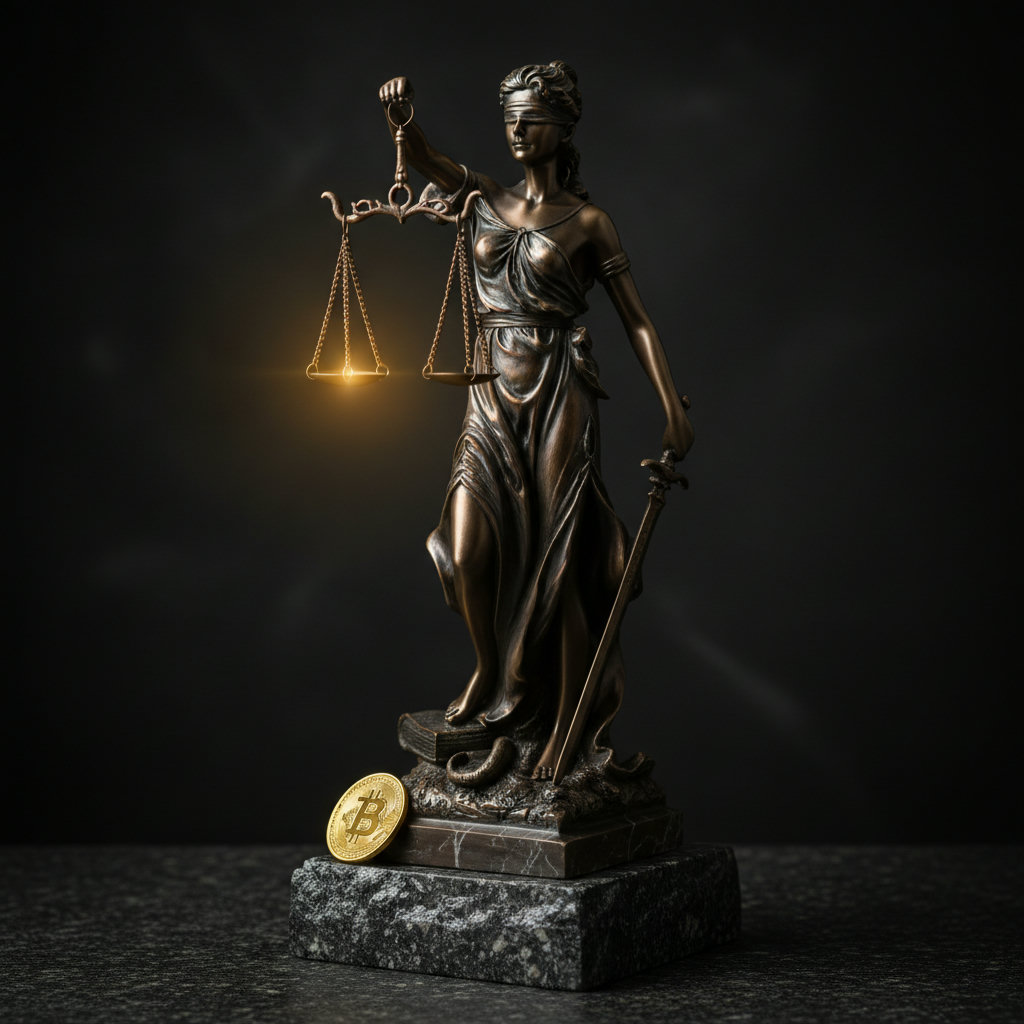 Makroökonomische Spannungen symbolisiert durch eine detaillierte, fotorealistische Skulptur der Justitia, die auf einem Sockel aus dunklem Granit steht. Das Chiaroscuro-Licht betont die Strenge, mit einem subtilen Goldakzent des Bitcoin-Logos, das sich in der Waagschale spiegelt. Tiefenschärfe fängt die Dramatik des Moments ein.