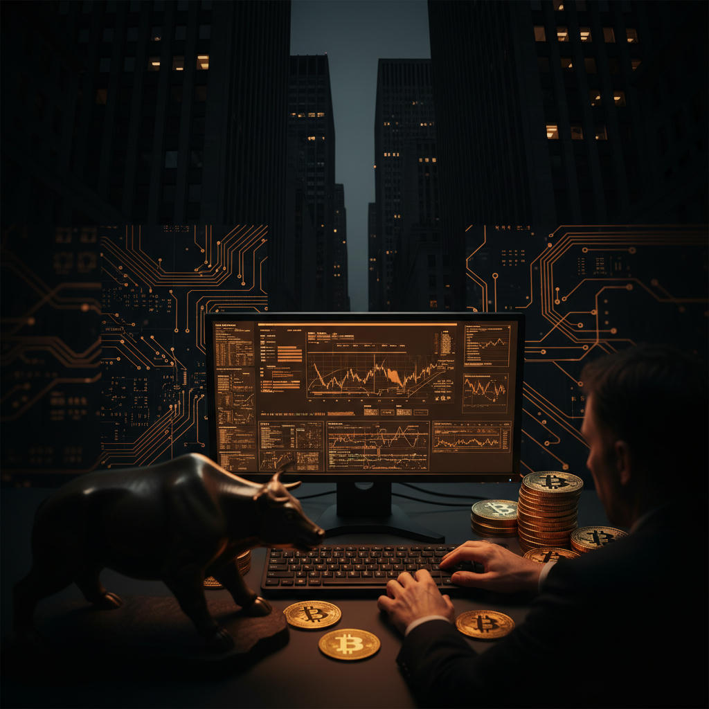 Draufsicht auf ein Wall Street Bloomberg Terminal, das mit orangefarbenem Licht leuchtet, während im Hintergrund bei Nacht die Fassaden hoher Bankgebäude zu sehen sind. Dunkle, dramatische Beleuchtung dominiert die Szenerie.