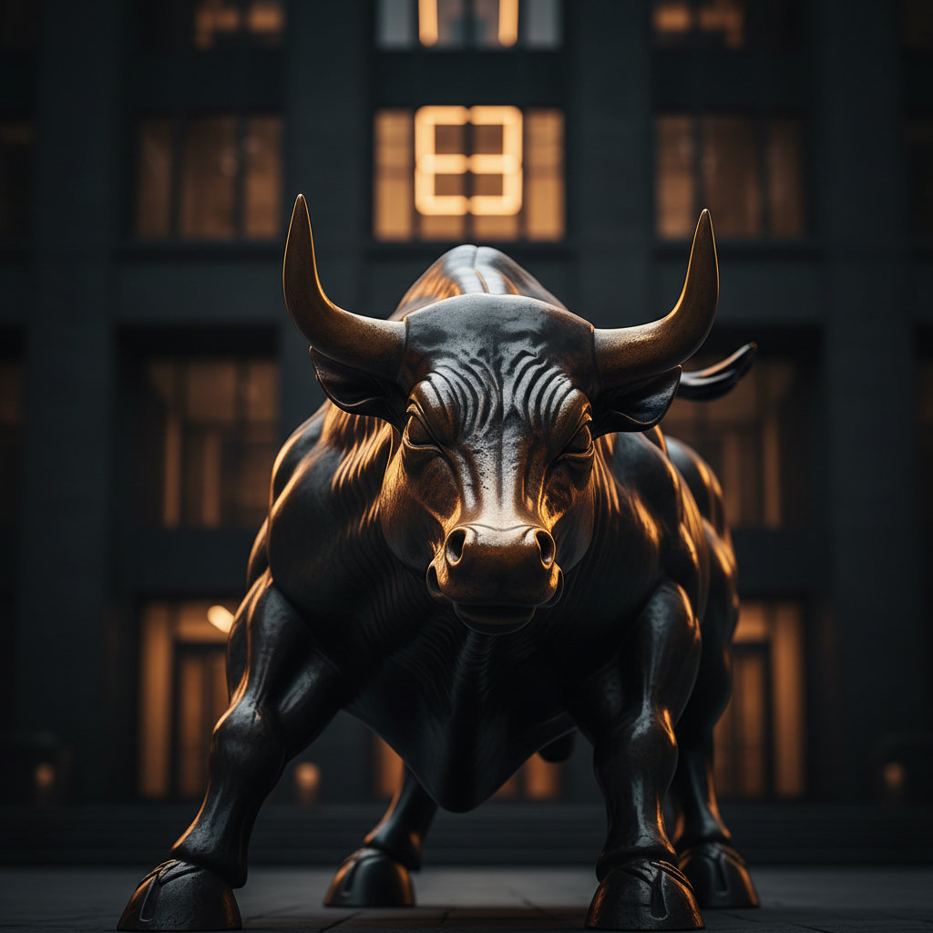 Nahaufnahme einer bullischen Bronzeskulptur, die einen Stier darstellt, vor einem dunklen, unscharfen Hintergrund, der eine moderne Bankfassade bei Nacht andeutet. Akzentfarben in Gold und Orange.