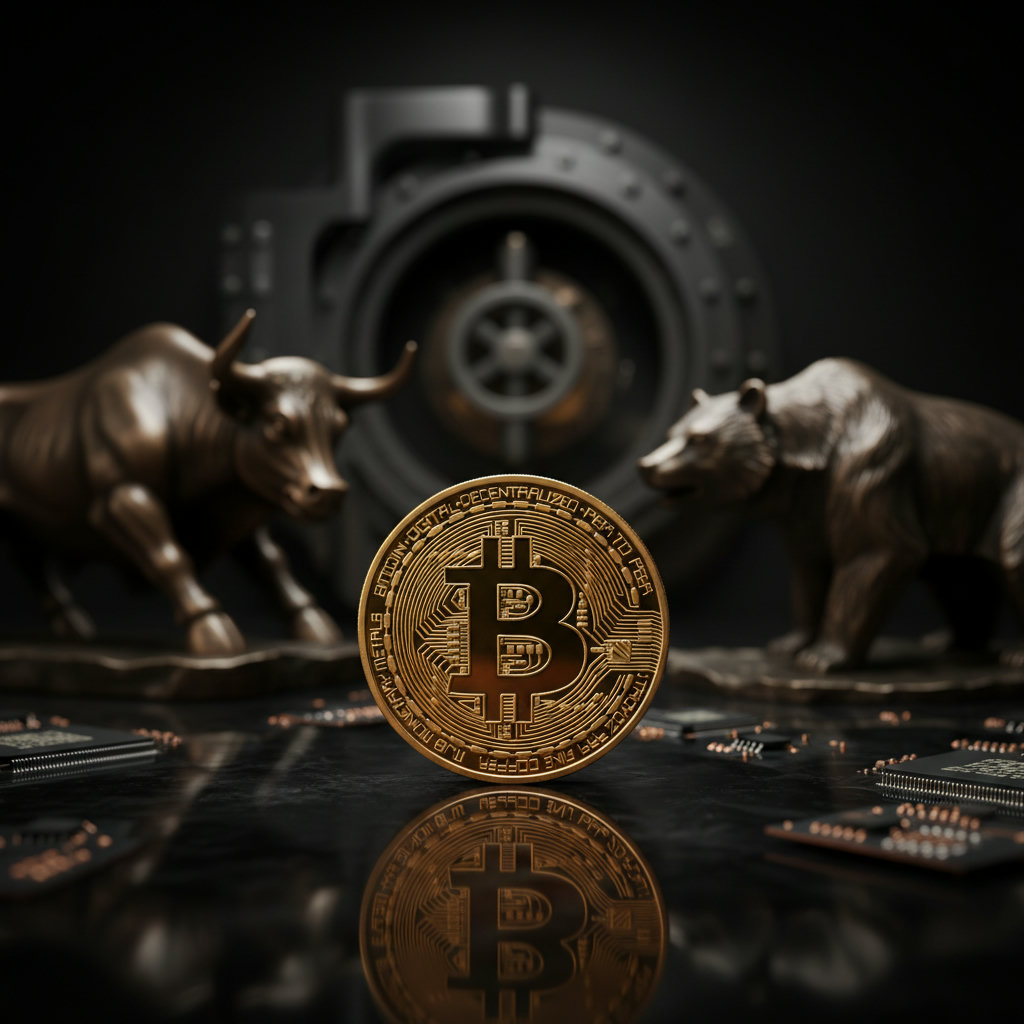 Dunkles, stilisiertes Bild einer physischen Bitcoin-Münze auf einer polierten Oberfläche mit subtilen goldenen Reflexionen.