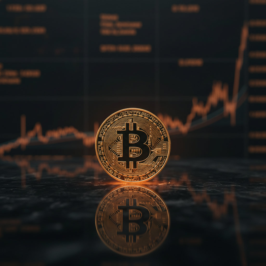 Eine goldene Bitcoin-Münze liegt auf einem dunklen, spiegelnden Tisch, umgeben von einem leichten, orangefarbenen Schein. Im Hintergrund sind unscharfe Finanzcharts zu erkennen.