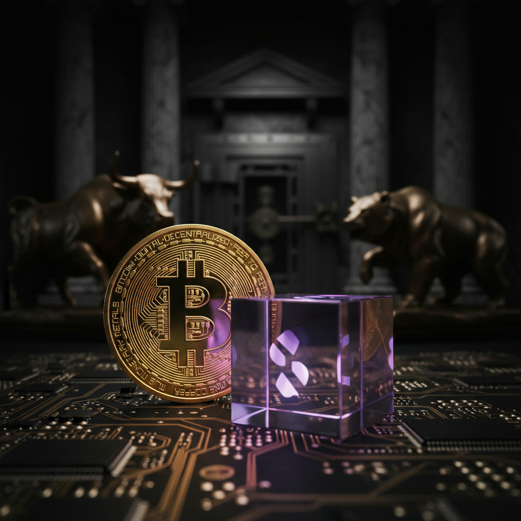Makroaufnahme eines goldenen Bitcoinsymbols mit Anthrazit-Hintergrund, davor ein polierter Glaswürfel in Violett, symbolisch für Solana, dramatisch beleuchtet mit Tiefenschärfe.