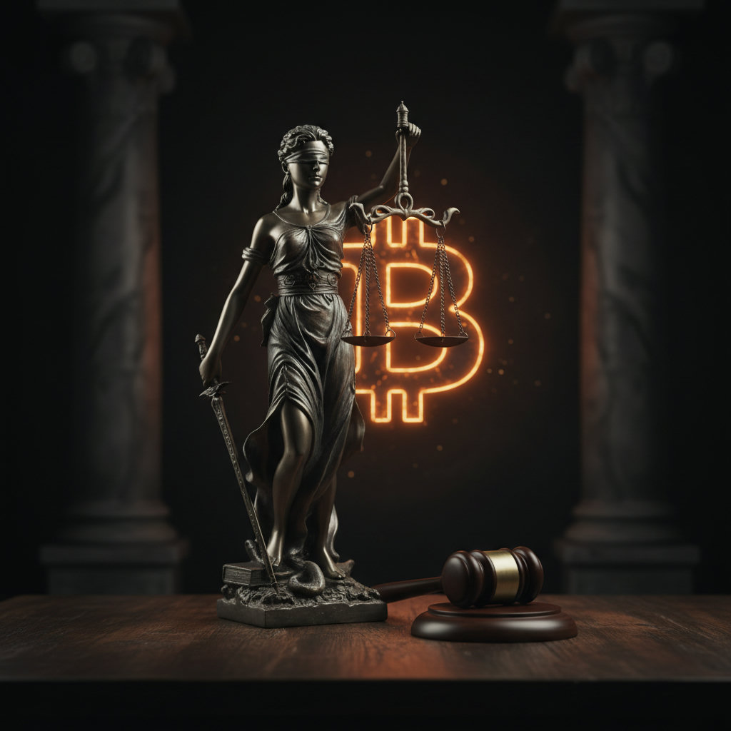 Symbolbild: Eine steinerne Justitia-Statue, die mit einem Richterhammer auf einem dunklen Holztisch liegt, umgeben von Schatten und dem schwachen Glühen eines stilisierten Bitcoin-Symbols im Hintergrund.
