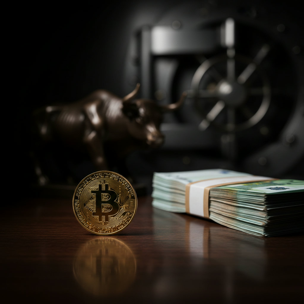 Eine goldene Bitcoin-Münze liegt auf einem dunklen, polierten Holztisch neben einem Stapel von Euro-Banknoten, umgeben von einem sanften, diffusen Licht, das eine seriöse und bedeutungsvolle Atmosphäre schafft.