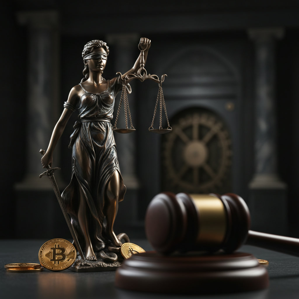 Nahaufnahme einer Justitia-Statue, die mit verbundenen Augen die Waage hält, im Vordergrund ein leicht unscharfer, glänzender Richterhammer auf einem dunklen Holztisch, alles beleuchtet von dramatischem Chiaroscuro-Licht. Im Hintergrund sind Marmorsäulen und tiefe Schatten erkennbar.