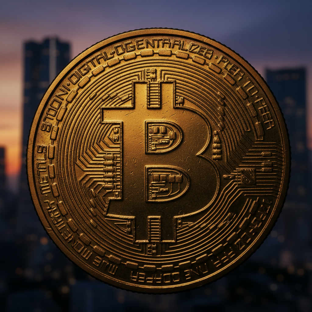 Makroaufnahme einer physischen Bitcoin-Münze vor dem Hintergrund einer unscharfen, modernen japanischen Skyline bei Sonnenuntergang, in einem dramatischen, dunklen Finanzredaktionsstil.