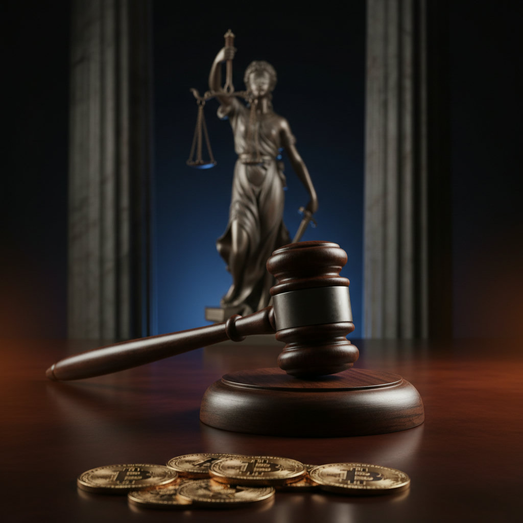 Nahaufnahme eines Richthammer auf einem dunklen Holztisch mit unscharfem Hintergrund von Justitia-Statue und Gerichtssäulen, beleuchtet von dramatischem Chiaroscuro-Licht.