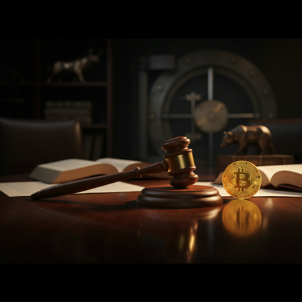 Nahaufnahme eines Richthammer auf einem dunklen Holztisch mit verschwommenen Rechtsparagraphen im Hintergrund, umgeben von gedämpftem, warmem Licht. Eine digitale Bitcoin-Münze liegt daneben, leicht unscharf.