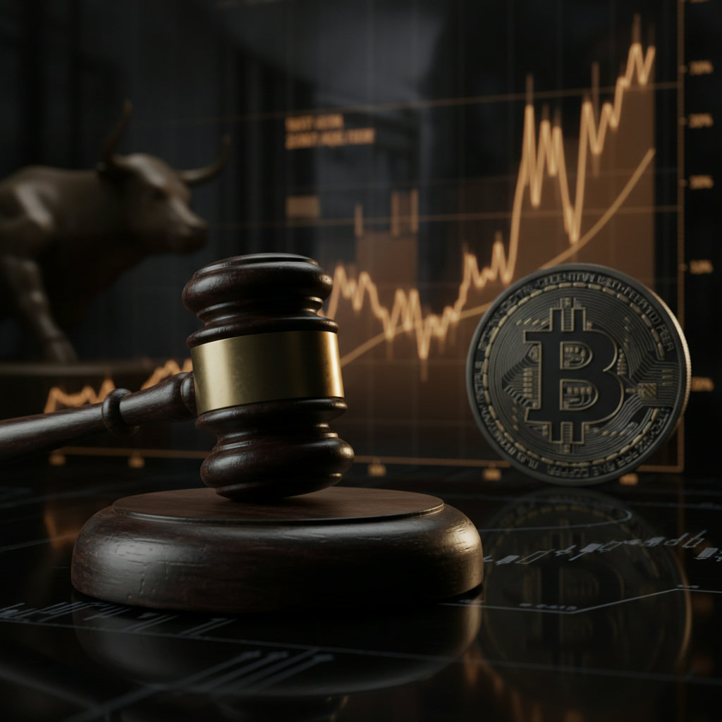 Richterhammer auf dunklem Holz vor verschwommenen Aktiendiagrammen und einer aufleuchtenden Bitcoin-Münze. Dramatisches Chiaroscuro-Licht.